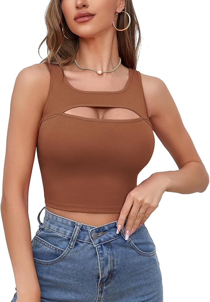 V FOR CITY Women's Front Cutout Tank Tops Sexy Crop Tank Summer Sleeveless Fitted Cami Shirts | Amazon (US)
