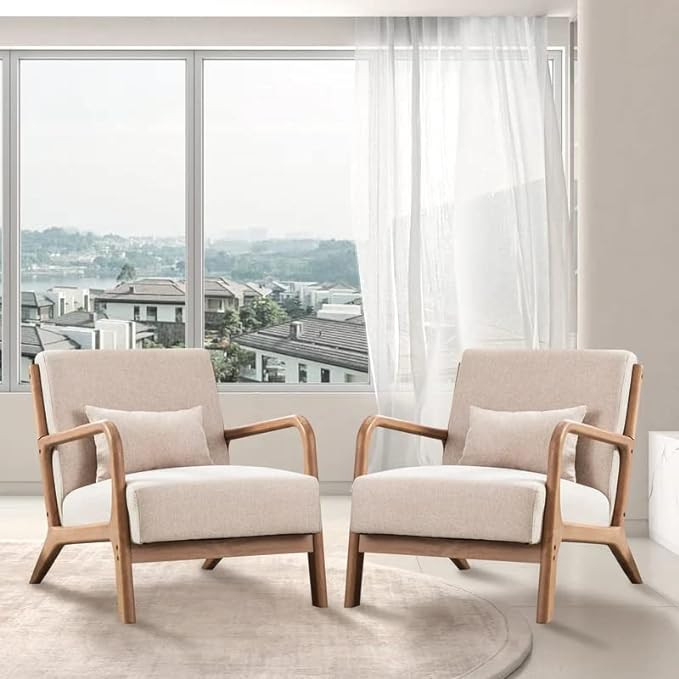 ANJ Mid Century Modern Accent Chairs Set of 2, Single Fabric Lounge Reading Armchair with Solid W... | Amazon (US)