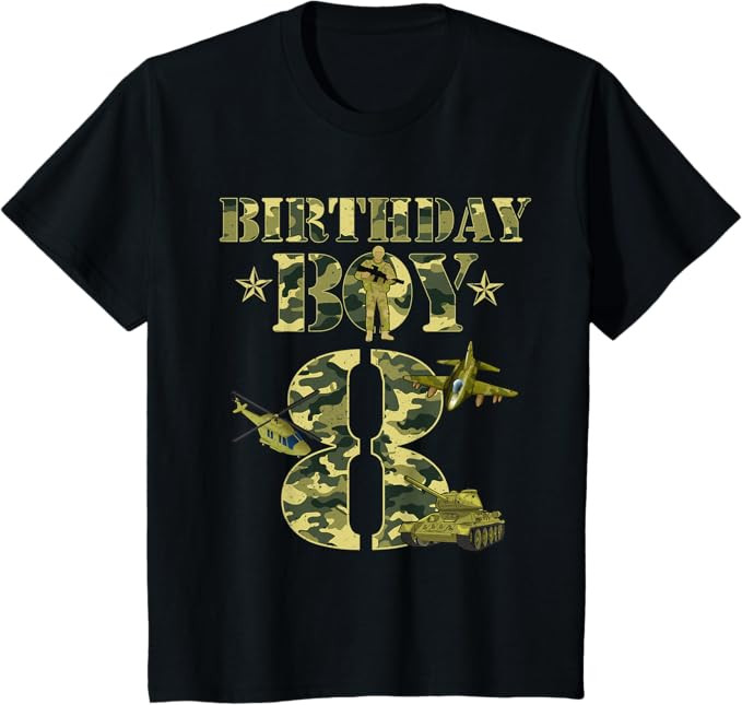Kids 8th Birthday Military Themed Camo Boys 8 Yrs Old Soldier T-Shirt | Amazon (US)