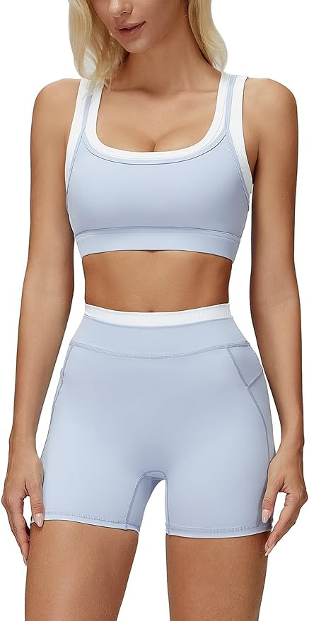 ABOCIW Womens Layerd Workout Sets Square Neck Sports Bra Tummy Control High Waist Biker Shorts Yo... | Amazon (US)