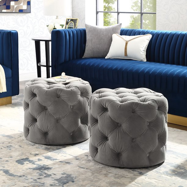 Inspired Home Perilous Velvet Ottoman Allover Tufted Round Modern Contemporary 1 PC, Grey | Walmart (US)