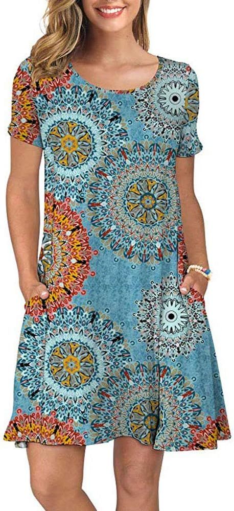 Sherosa Womens Summer Floral Print Sleeveless Sundress/Short Sleeve Pockets Casual Loose Swing T-... | Amazon (US)