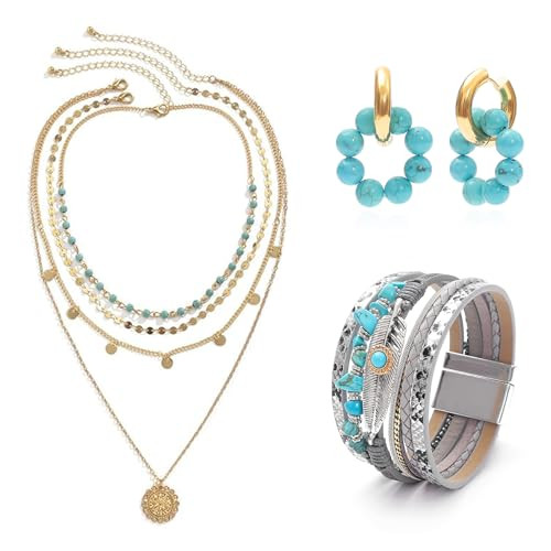 MTJAHPS 3 Pcs Western Jewelry for Women Bohemian Set, Gold Layered Necklace for Women, Faux Leather Layered Bracelet, Turquoise Beaded Huggie Hoop Earrings | Amazon (US)