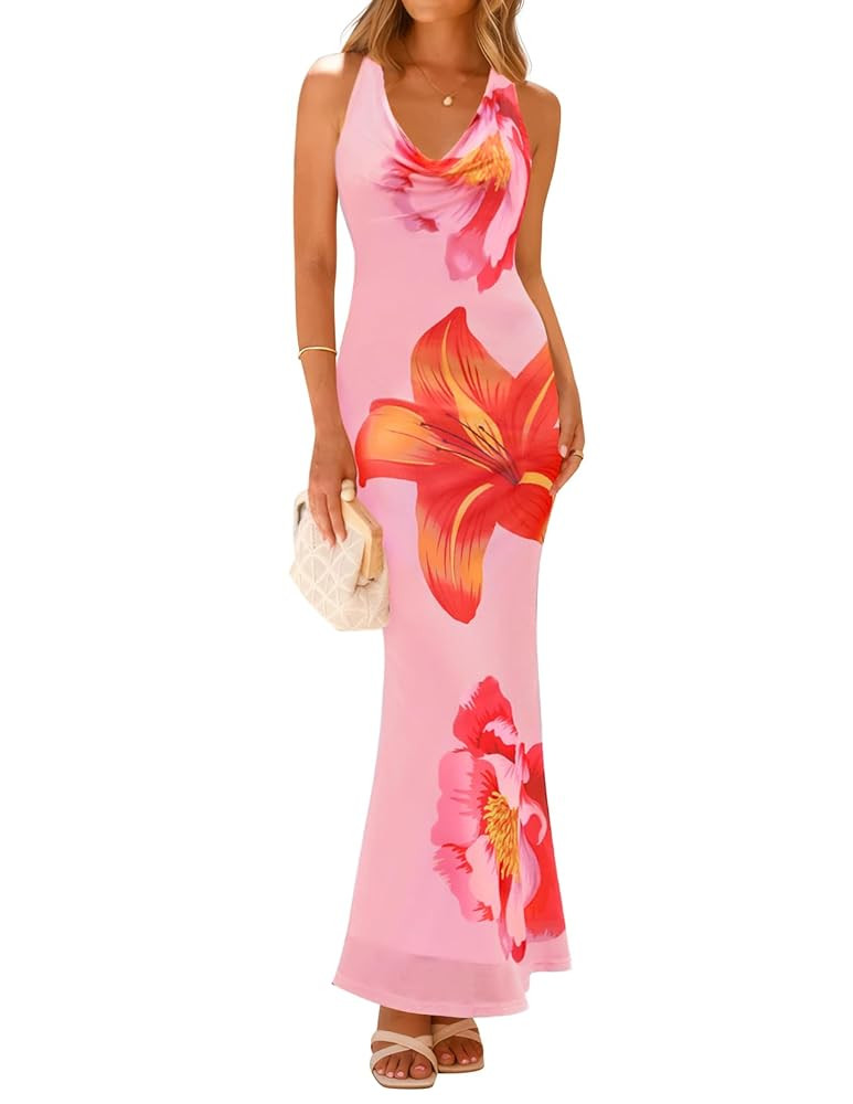 ZESICA Women's 2025 Summer Halter Neck Floral Print Maxi Dress Sleeveless Backless Wedding Guest ... | Amazon (US)