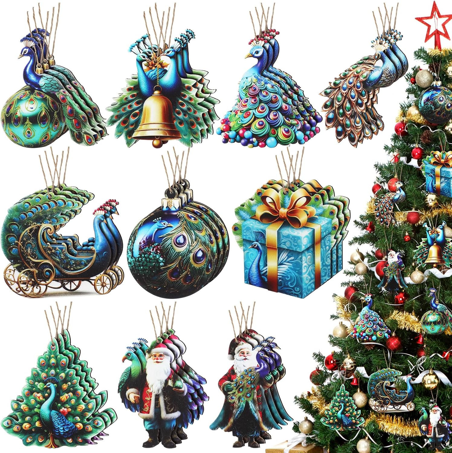 Barydat 30 Pcs Christmas Ornaments Set Wooden Peacock Christmas Decorations Peacock Santa Decorat... | Amazon (US)