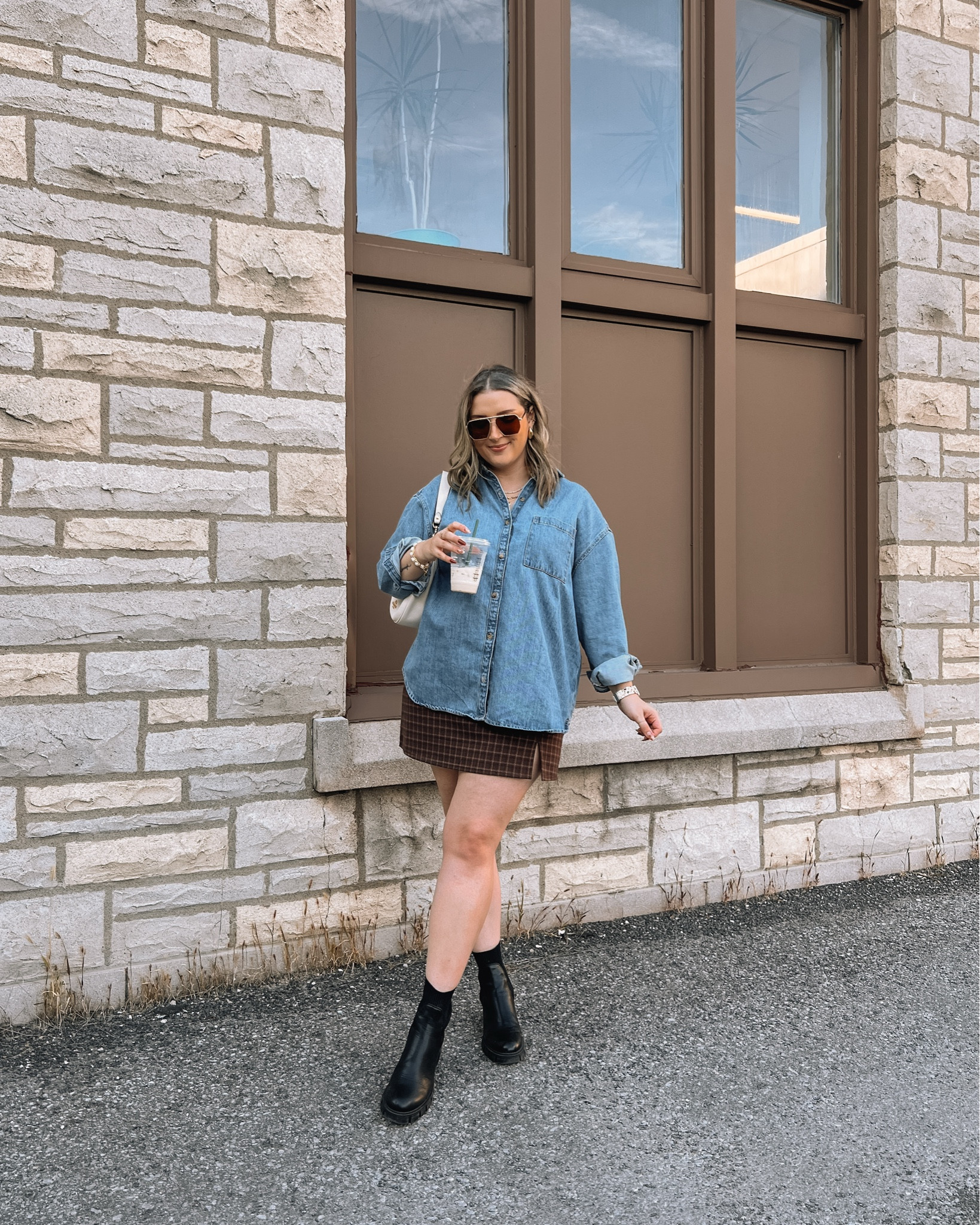 Midsize fall outfit - oversized denim shirt (TTS, wearing L) and plaid mini skort (sized up to XL). My black chelsea boots are super comfortable and TTS


#LTKautumn #LTKcanada #LTKmidsize