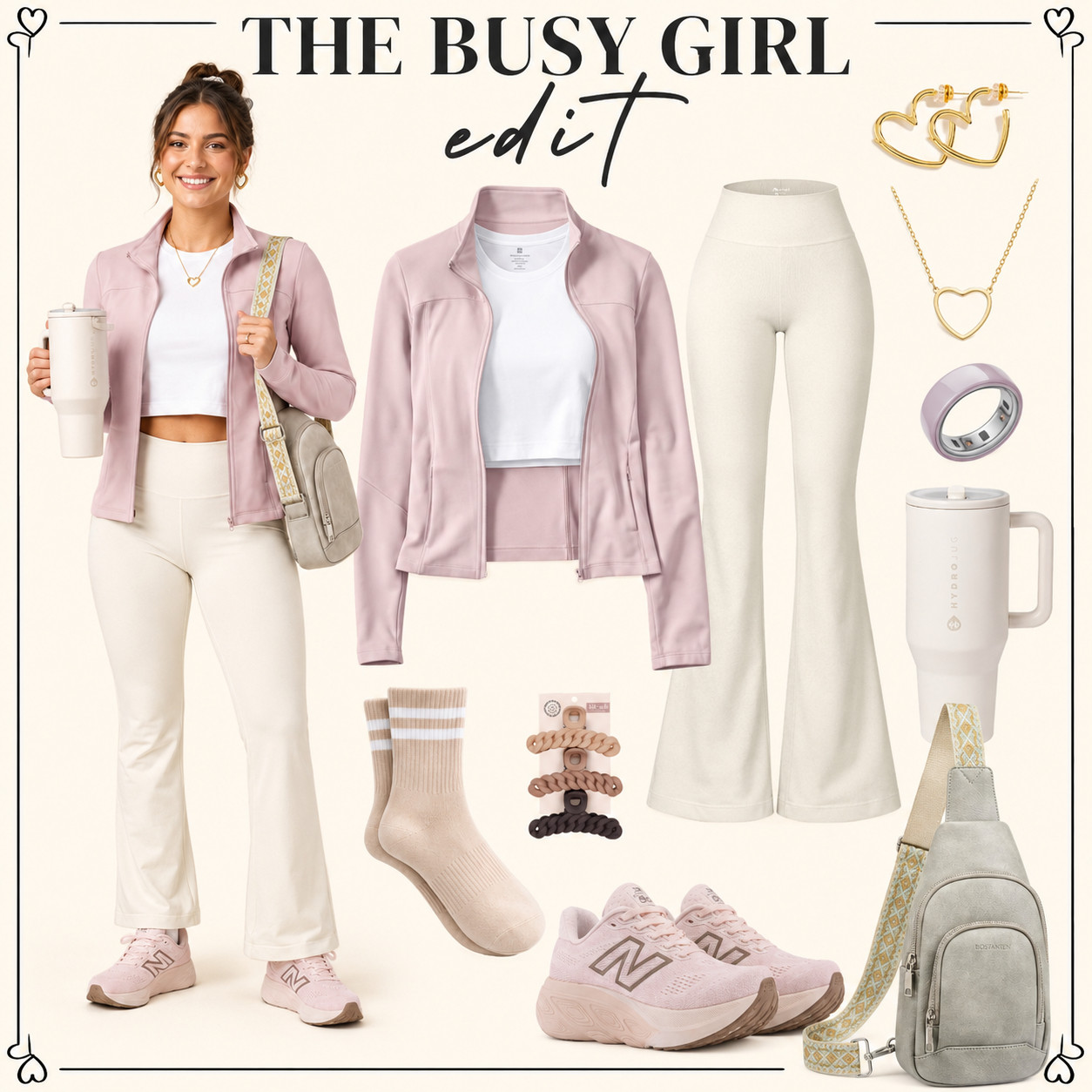The Busy Girl | Pink & White Edit 💕 

I did the digging for you, and this all-Amazon busy girl edit is the outfit formula for looking soft, cute, and pulled together without sacrificing comfort. 

The blush pink jacket, white crop tank, cream flare leggings, pink New Balance sneakers, cozy socks, everyday sling bag, gold jewelry, hair ties, Oura ring 4, and Hydrojug tumbler give that clean-girl athleisure vibe that feels effortless but still styled.

This is perfect for errands, coffee runs, walks, travel days, casual work-from-home outfits, school drop-off, weekend plans, gym-to-lunch outfits, airport outfits, and those busy days when you want to feel comfortable but still look like you tried. 

It’s the kind of Amazon outfit that makes a casual day feel prettier, more polished, and way less thrown together. 🤍

If you’ve been looking for affordable Amazon athleisure, comfy flare leggings, soft pink activewear, cute walking shoes, everyday bags, and easy accessories that make a simple outfit look elevated, this is the edit I’d check first.

📌 Save this for the next time you want a comfy outfit that still looks cute enough to leave the house in.

↓ Everything is linked!

#LTKActive #LTKSaleAlert #LTKTravel