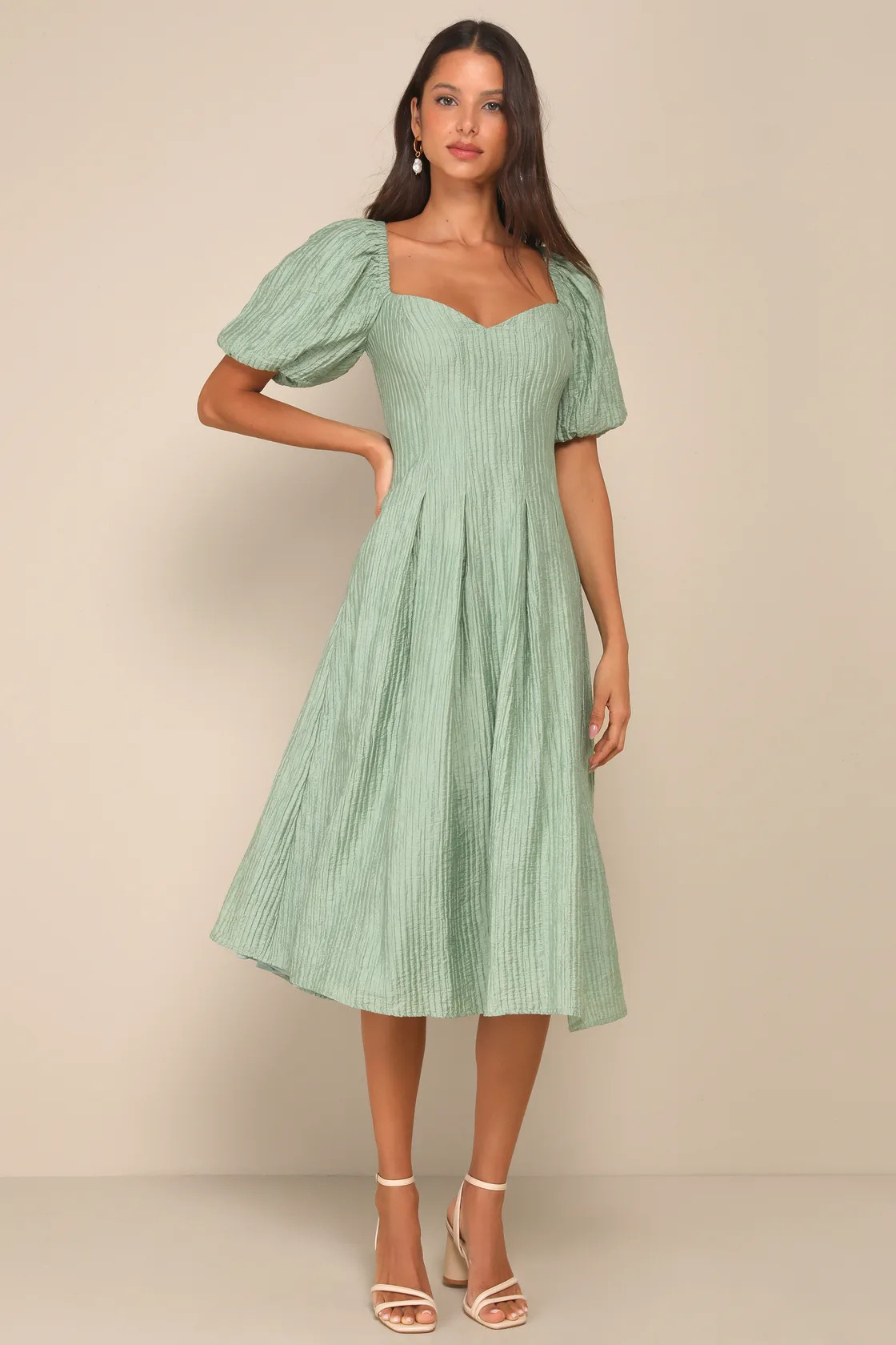 Heavenly Energy Sage Textured Puff Sleeve Pleated Midi Dress | Lulus