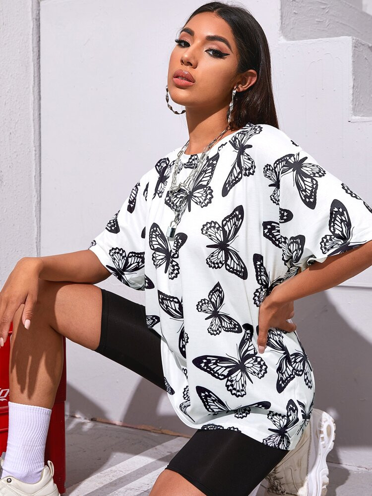 Drop Shoulder Butterfly Print Tee | SHEIN