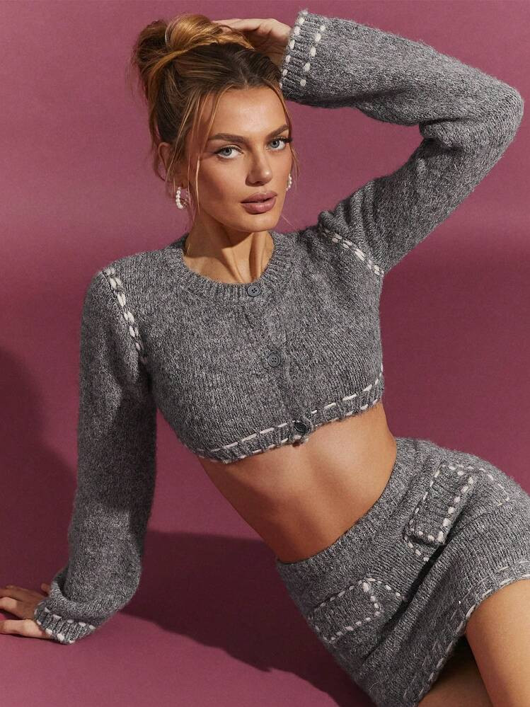 L'Amorae Women CROPPED CARDIGAN WITH CONTRAST STITCH DETAIL | SHEIN