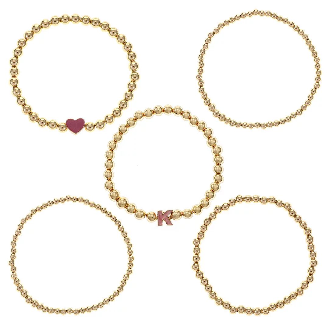 Time and Tru 5-Piece Stretch Bracelet Set, Initial Letter "K" Charm with Gold-tone Beads, Pink - ... | Walmart (US)