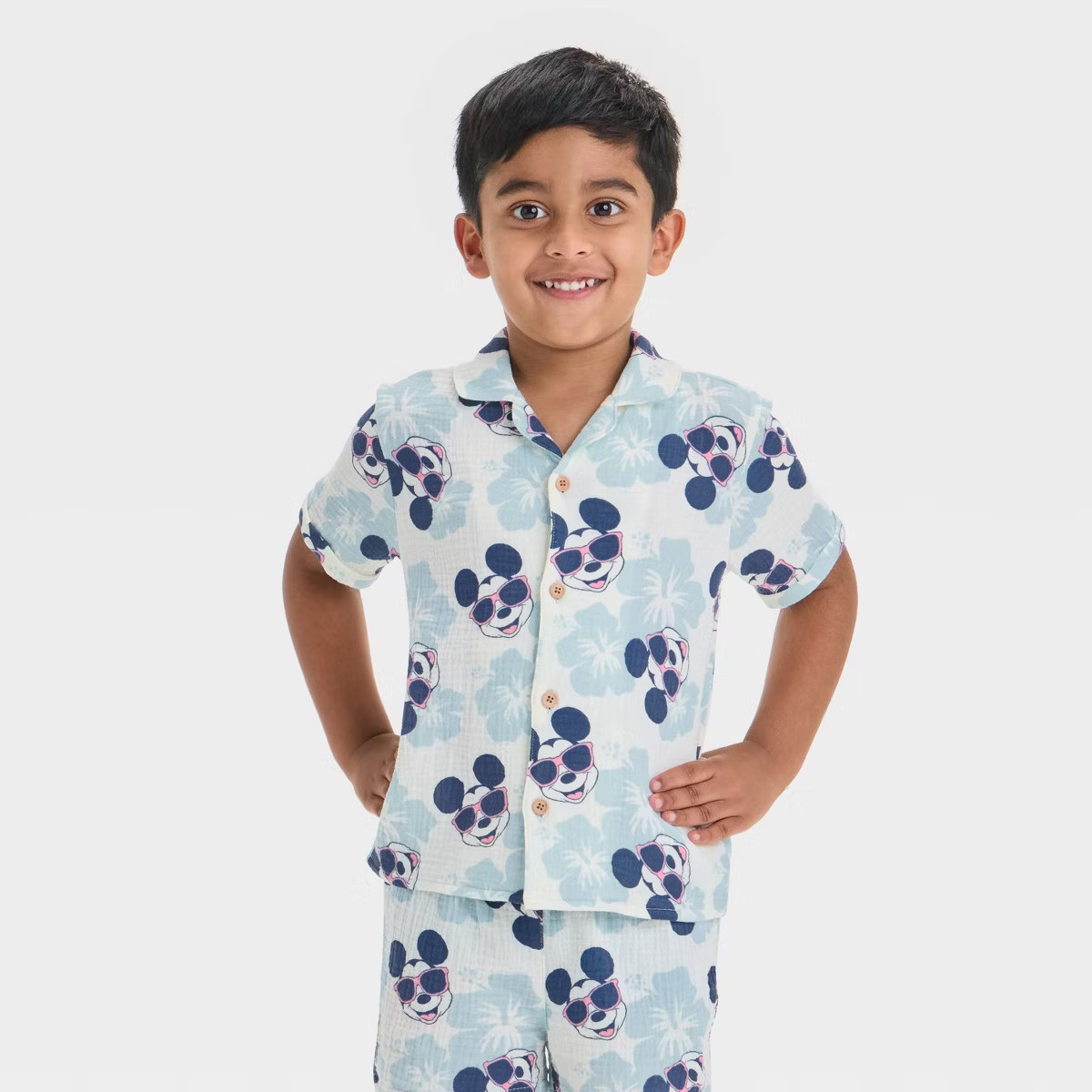 Toddler Boys' 2pc Mickey Mouse Woven Gauze Button-Up Top & Shorts Set - Blue | Target