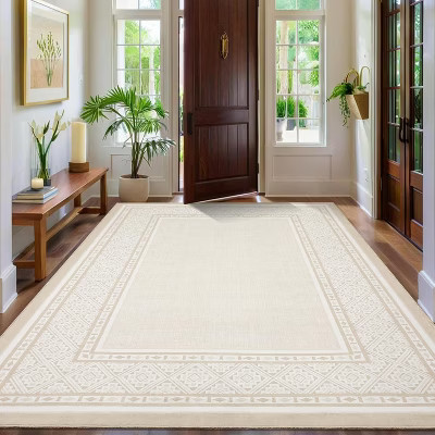 Modern Neutral Bordered Area Rugs, Beige 8'X10' Soft Washable Non Slip Solid Geometric Large Throw Carpet | Target