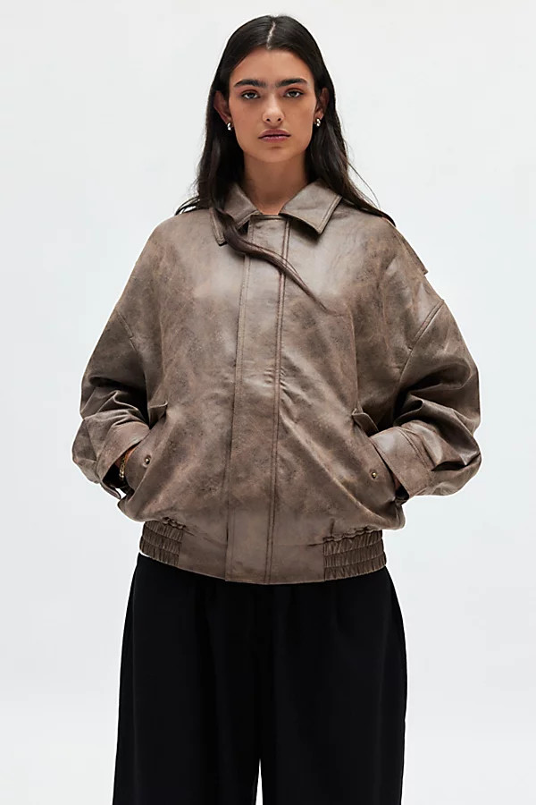Lioness Kenny Faux Leather Bomber Jacket in Brown, Women's at Urban Outfitters | Urban Outfitters (US and RoW)