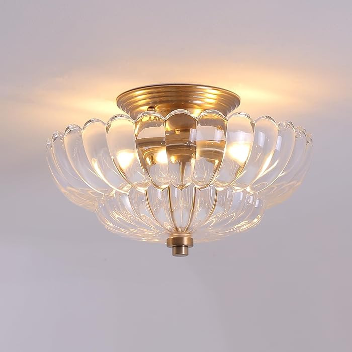 Semi Flush Mount Ceiling Light, Scalloped Clear Glass Close to Ceiling Light Fixtures with 2 Ligh... | Amazon (US)