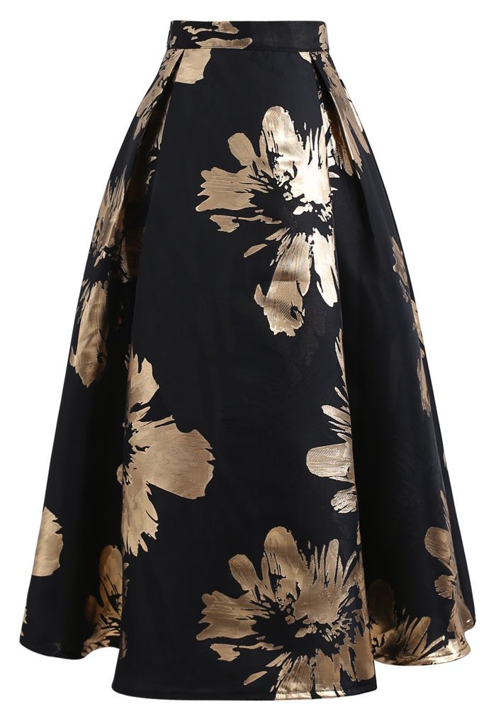 Golden Blossom Jacquard A-Line Midi Skirt | Chicwish