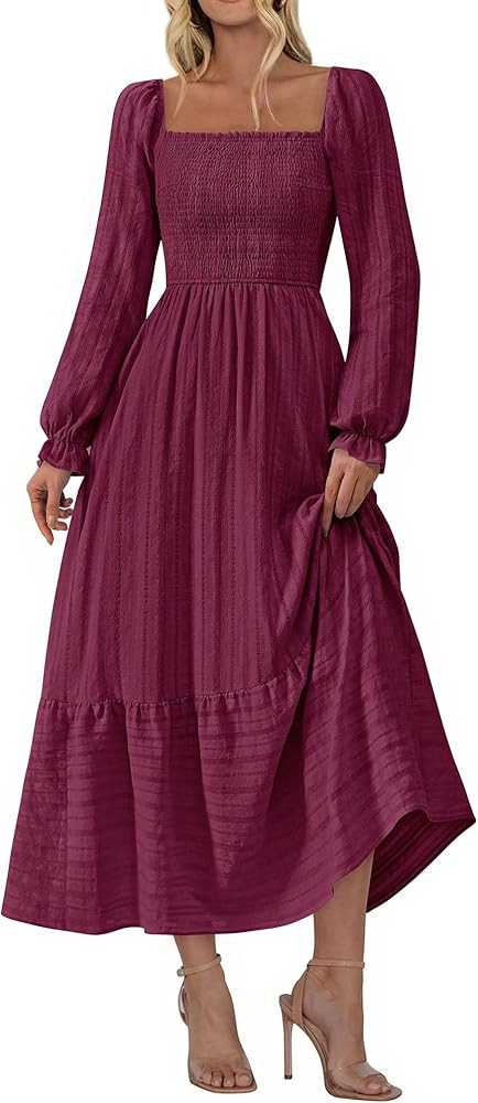 BTFBM Women Maxi Fall Dresses 2025 Long Sleeve Solid Color Square Neck Smocked Boho Long Wedding ... | Amazon (US)