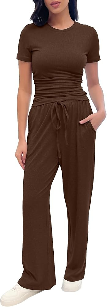 2 Piece Pajama Set for Women with Pockets, Short Sleeve Ruched Top, Wide Leg Pants with Drawstrin... | Amazon (US)