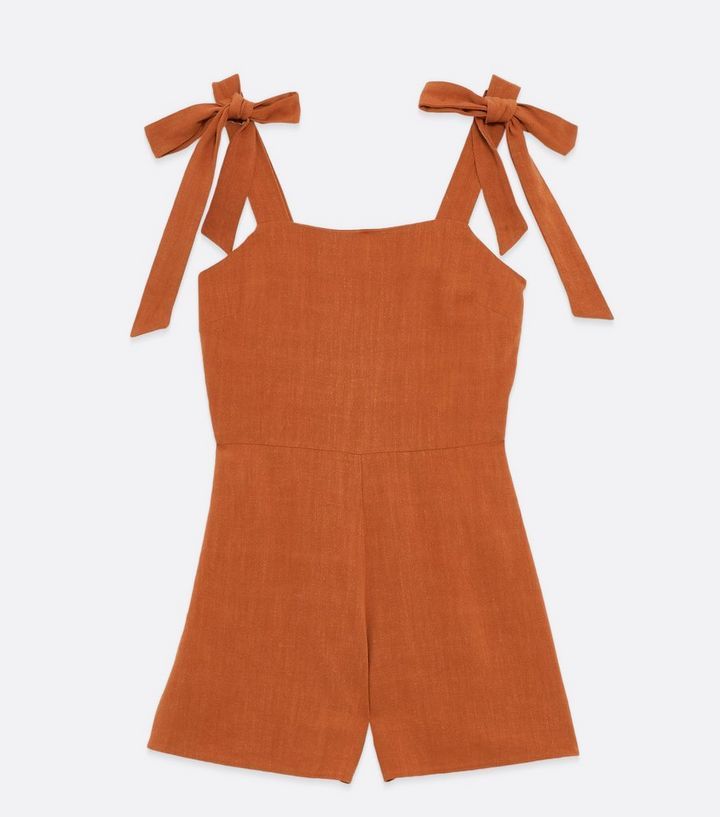 Rust Linen Look Square Neck Tie Strap Playsuit
						
						Add to Saved Items
						Remove from ... | New Look (UK)