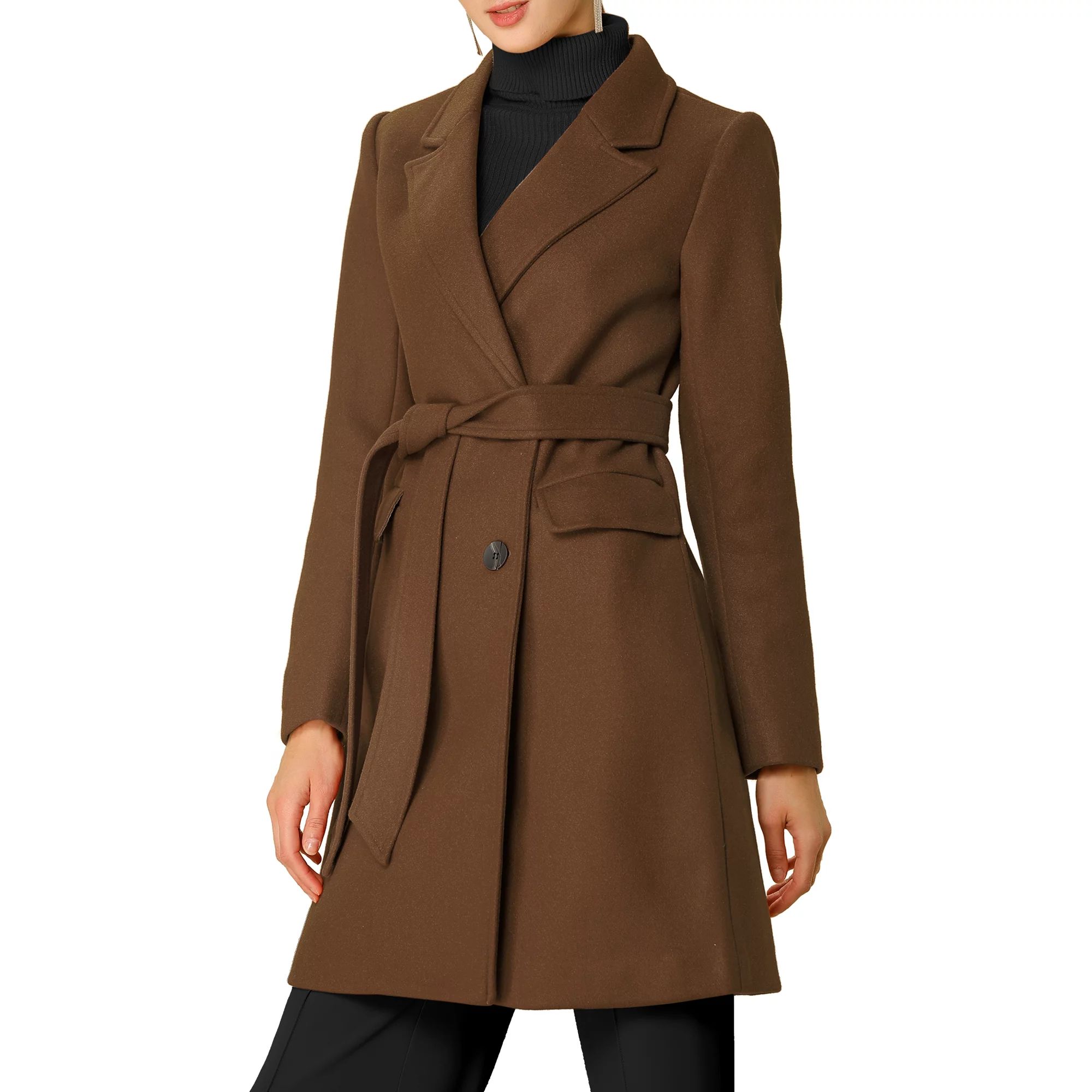 Allegra K Women's Notch Lapel Double Breasted Belted Mid Length Trenchcoat | Walmart (US)