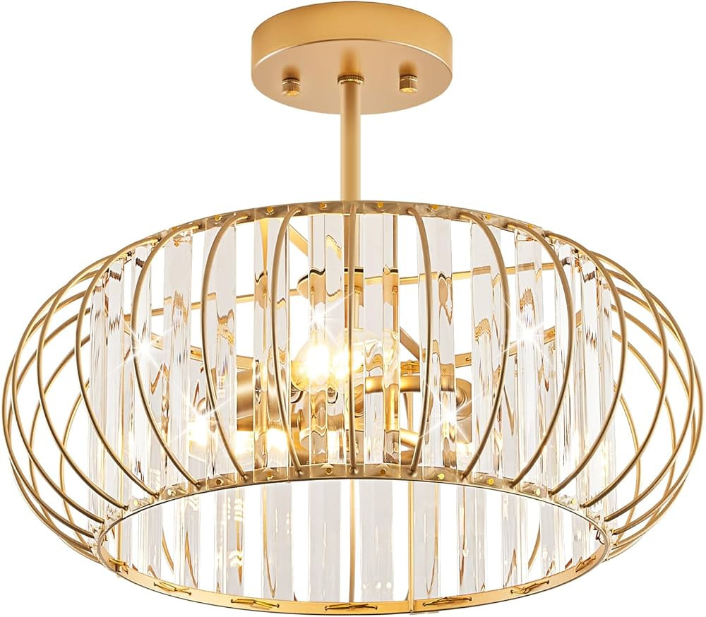 Crystal Ceiling Light Fixture Modern Gold Hallway Chandelier Metal 3-Light Semi Flush Mount Ceili... | Amazon (US)
