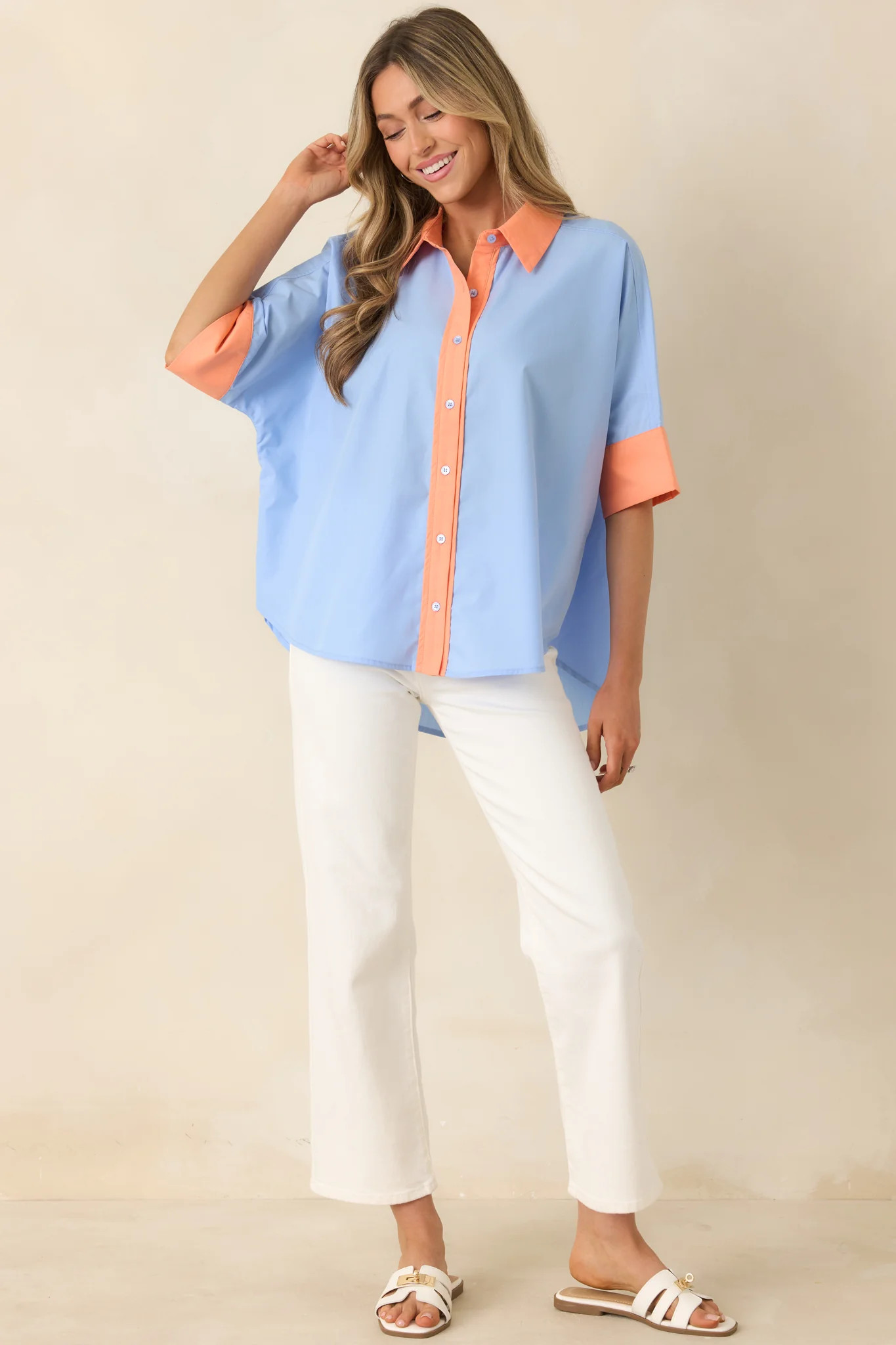 Catch the Vibe Light Blue & Orange Color Block Short Sleeve Shirt | Red Dress