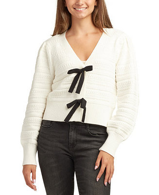 BCX Juniors V-Neck Bow-Trim Long-Sleeve Cardigan - Macy's | Macy's