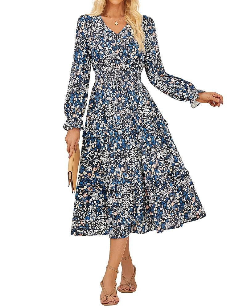 GRACE KARIN Women's Floral Maxi Dress 2025 Fall Long Sleeve Flowy V Neck A Line Dress Smocked Lon... | Amazon (US)