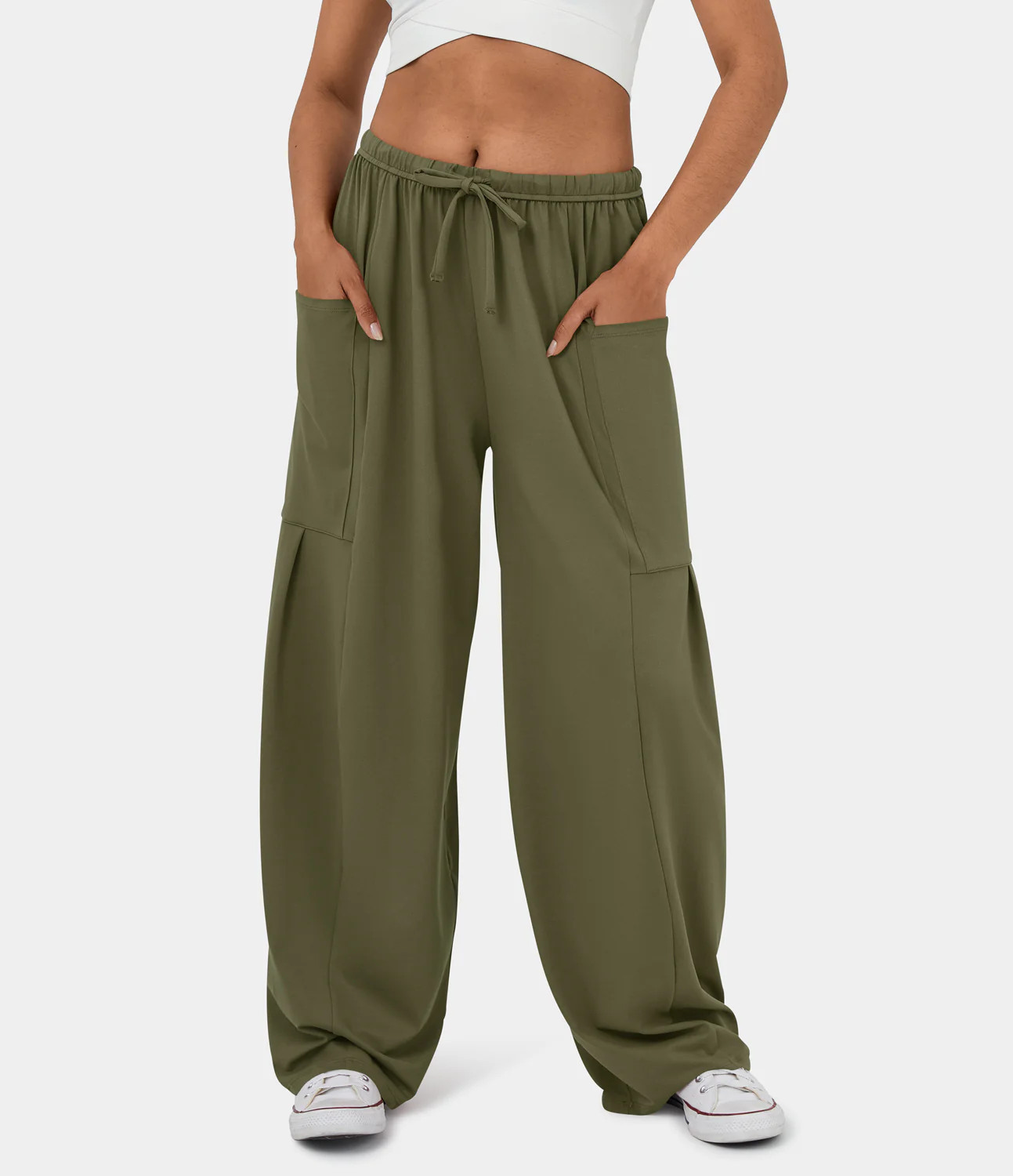 Halara Mid Rise Elastic Waistband Drawstring Side Pocket Palazzo Flowy Wide Leg Casual Pants - Capul | HALARA