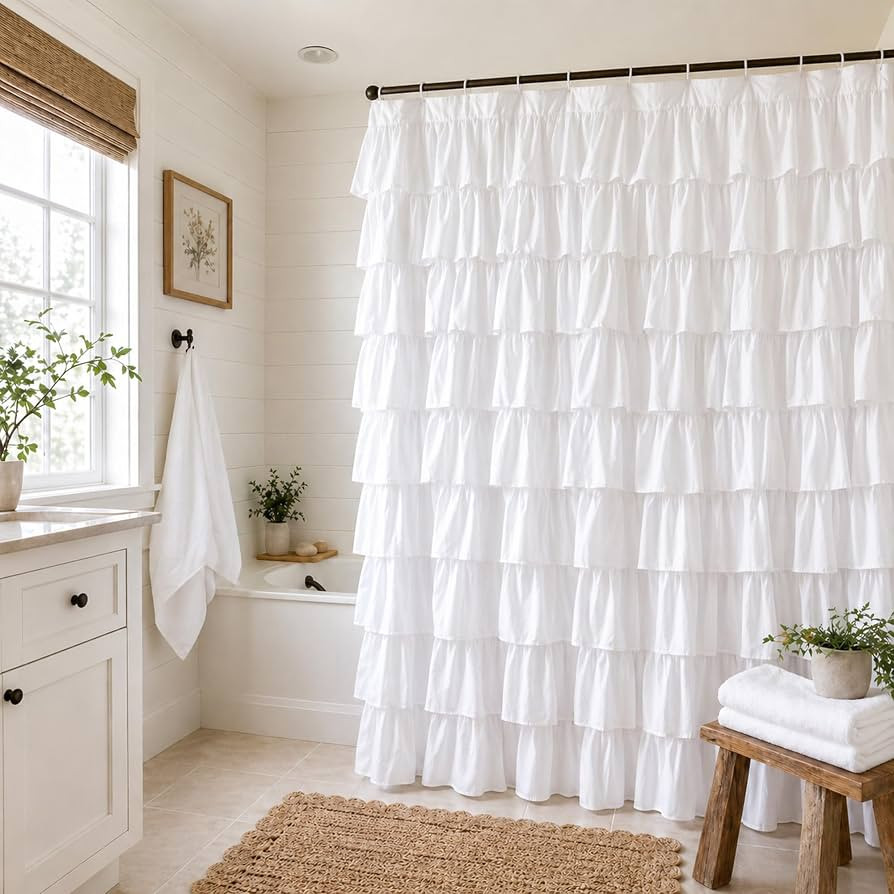 White Ruffle Shower Curtain for Bathroom,72 x 72 Inches, Farmhouse Style | Amazon (US)