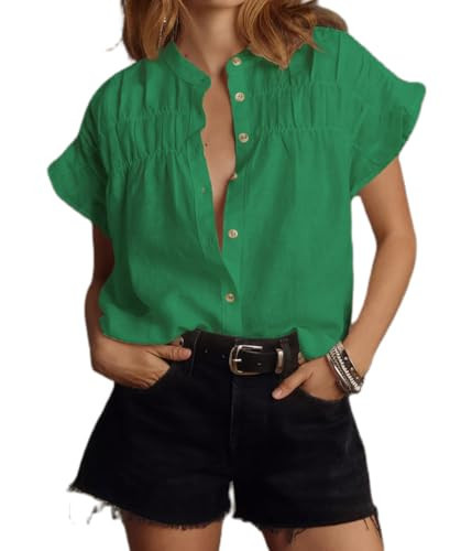 Women Button Down Shirt Short Cap Sleeve V Neck Collared Blouse Tops Loose Fit Smocked Tee Casual Summer Tops (Green,X-Large) | Amazon (US)
