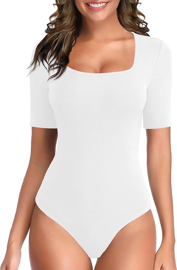 Women's Square Neck Bodysuit Short Sleeve Bodysuit for Women Elbow Sleeve Tshirt Body Suit Top | Amazon (US)