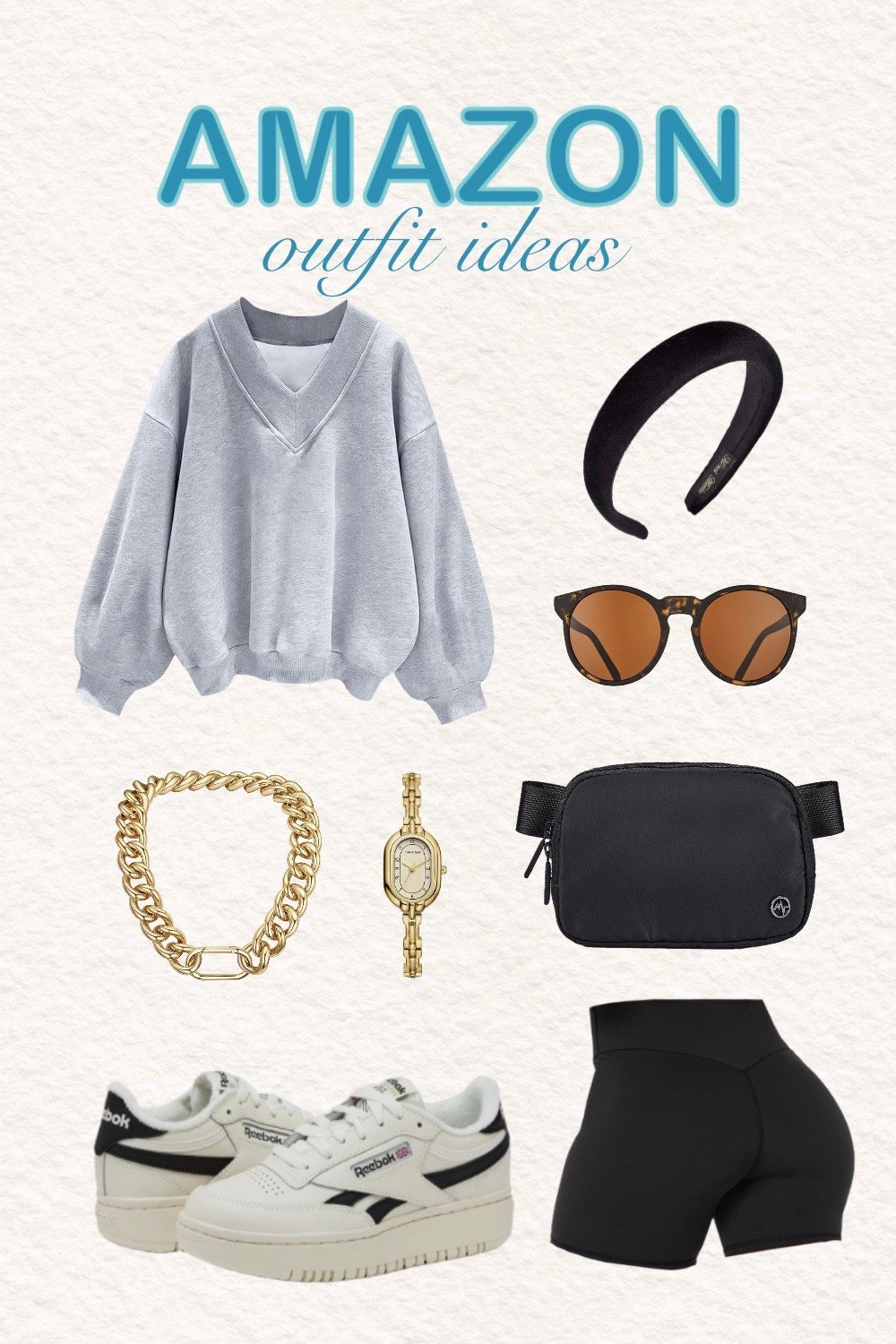 Channeling major 90s vibes with this Amazon workout look! A v-neck grey sweatshirt, black bike shorts, Reebok sneakers, chunky gold jewelry, a vintage-looking watch, a bum bag, and classic sunglasses.

It's the ultimate throwback fit for the gym, running errands, or just feeling cool and comfortable. Shop this entire 90s-inspired look.

#LTKgrwm #LTKootd #LTKActive