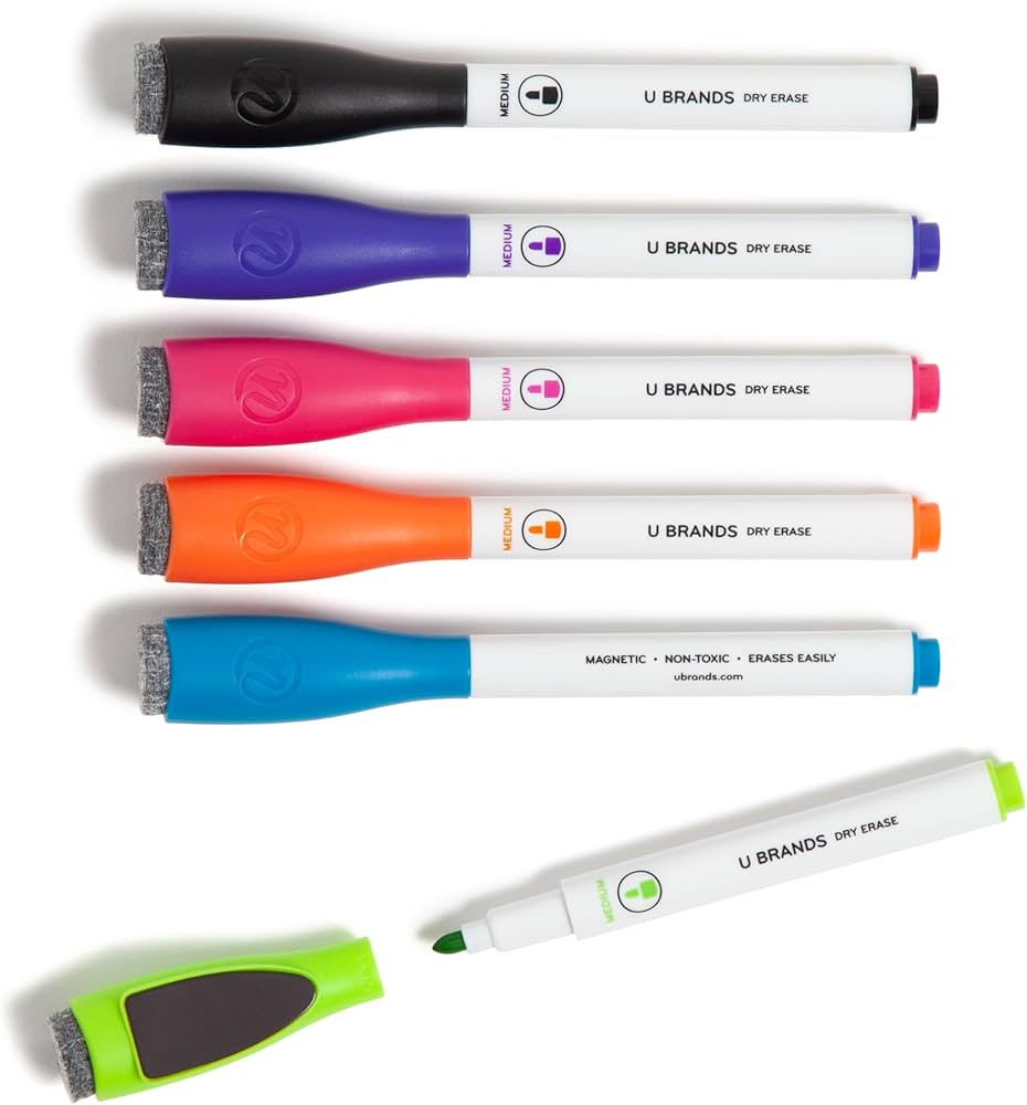 U Brands Fine Tip Dry Erase Markers with Eraser, Low Odor Whiteboard Markers Fine Tip, Assorted B... | Amazon (US)