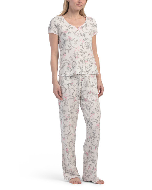 3pc Bow Toile Waffle Henley Neck Top Shorts And Pants Set | TJ Maxx