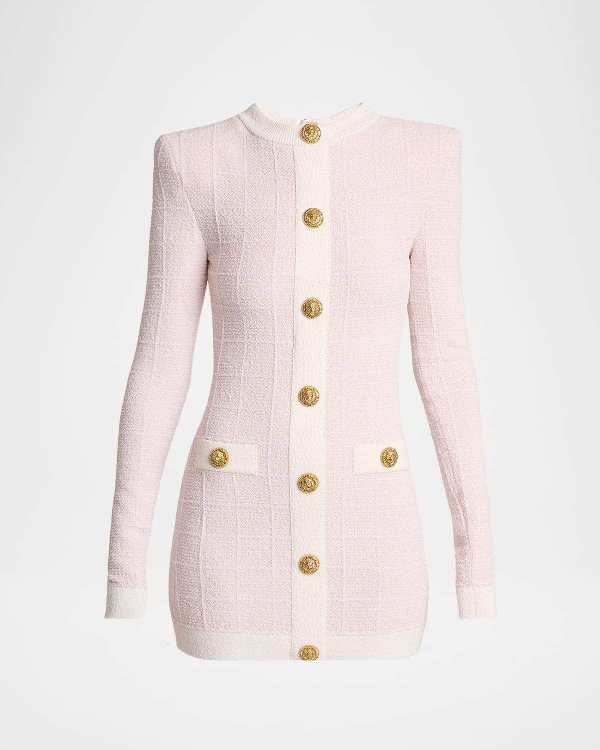 Buttoned Boucle Knit Strong-Shoulder Mini Dress | Neiman Marcus