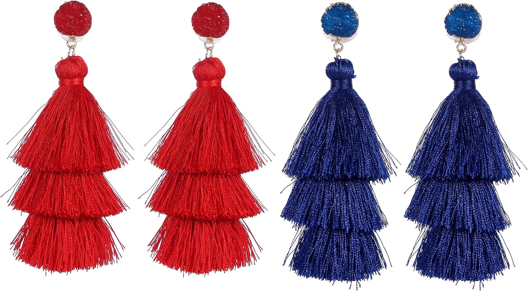 ZHEPIN 2 Pairs of Tassel Earrings Bohemian Dangle Drop Tiered Tassel Druzy Stud Earrings Women Gi... | Amazon (US)