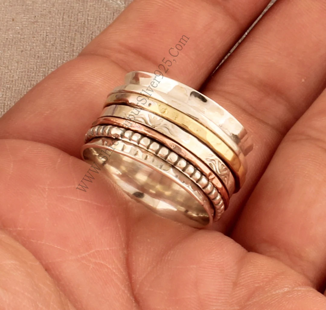 Hammered Silver Solid 925 Sterling Silver Designer Spinner Ring for Handmade Three Tone New Ring ... | Etsy (US)