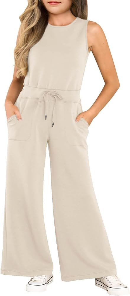 Haloumoning Girl's Jumpsuits Sleeveless Round Neck Wide Leg One Piece Rompers Little Kid Big Kids | Amazon (US)
