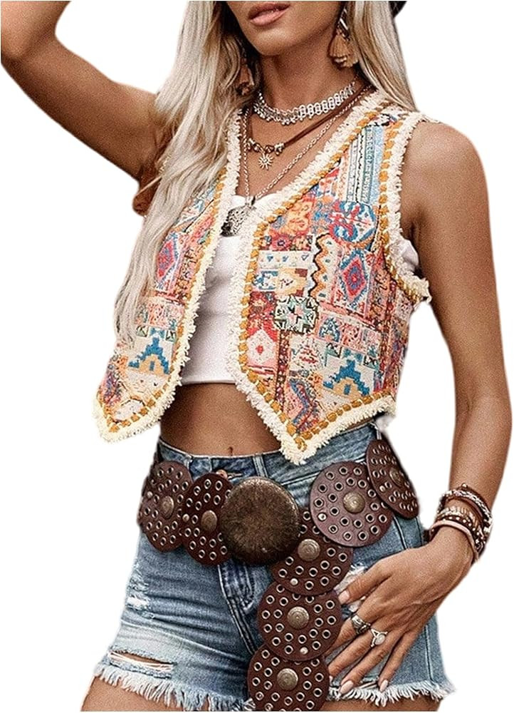 SHENHE Women's Boho Western Vest Open Front Sleeveless Vintage Crop Vest | Amazon (US)
