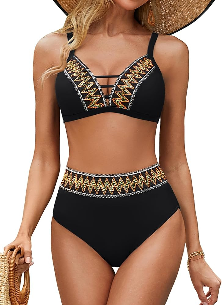 BMJL Women's High Waisted Bikini Set Hollow Out V Neck Swimsuits Color Block Two Piece Tummy Cont... | Amazon (US)