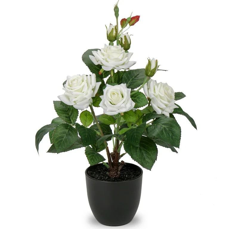 15" White Roses Artificial Flowers Potted Plant Faux Silk Flower with Black Pot Fake Rose Flower ... | Walmart (US)