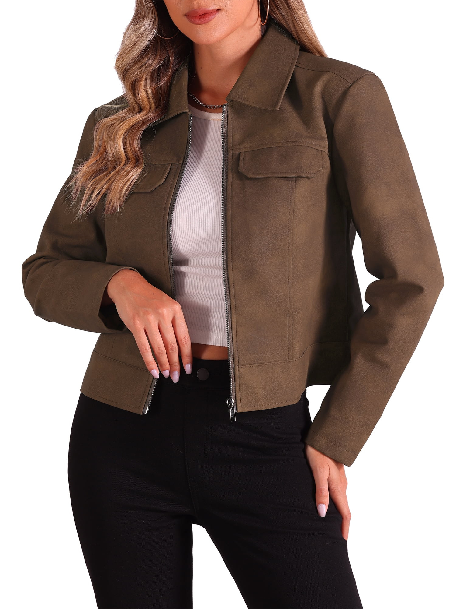Allegra K Collar Jacket for Women's Faux Leather Zip Long Sleeve Casual Jackets | Walmart (US)