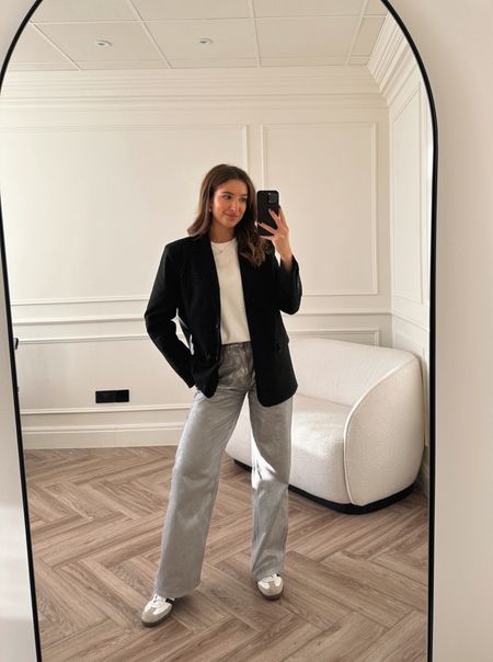 Lara’s office outfit of the day 🩶
Silver trousers, silver jeans, black blazer, adidas sambas, winter outfit 

#LTKstyletip #LTKworkwear #LTKSeasonal
