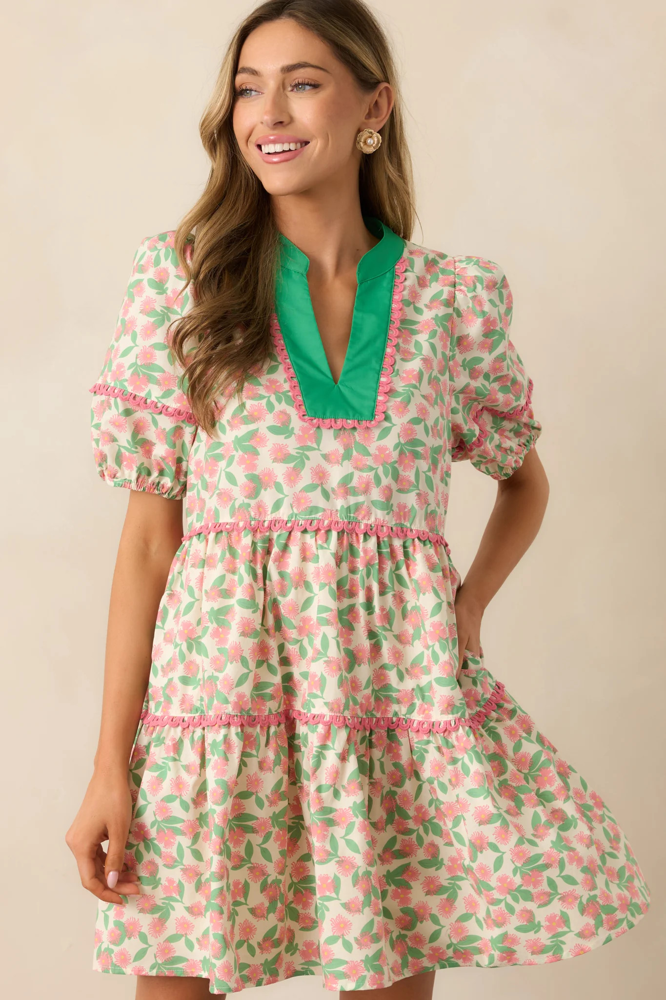 Full Bloom Beige Floral Cotton Puff Sleeve Mini Dress | Red Dress