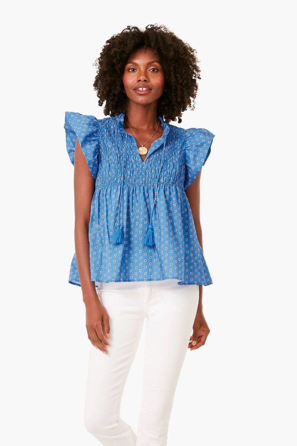 Exclusive Blue Pascala Print Flutter Sleeve Smocked Top | Tuckernuck (US)