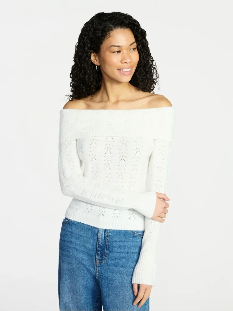 No Boundaries Pointelle Off-The-Shoulder Pullover Sweater, Lightweight, Women's XXS-XXL | Walmart (US)
