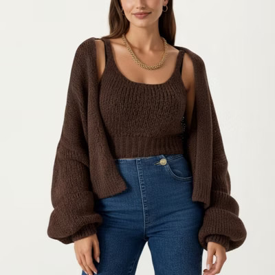 Anna-Kaci Women's 2-Piece Knit Tank and Cardigan Set with Ribbed Texture Scoop Neck Long Sleeves - X Large, Coffee | Target