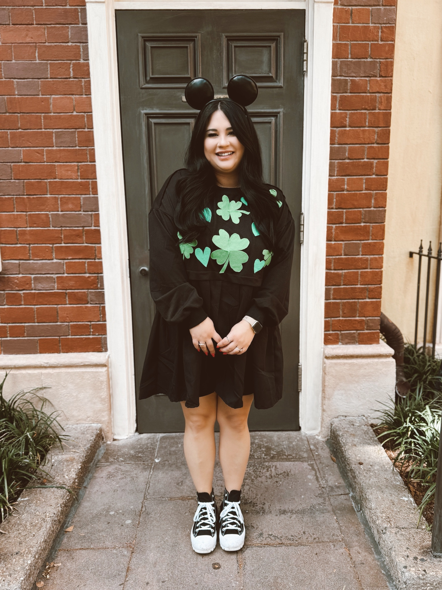 DIY St. Paddy’s day outfit! I used felt from the craft store for the four leaf clovers. 