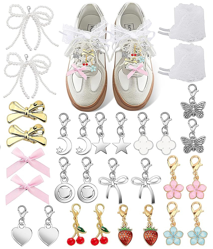 Yawlsow 30 Pcs Shoe Charms for Sneakers Junk Charm for Women with Ribbon Lace Shoelaces, Clips, L... | Amazon (US)